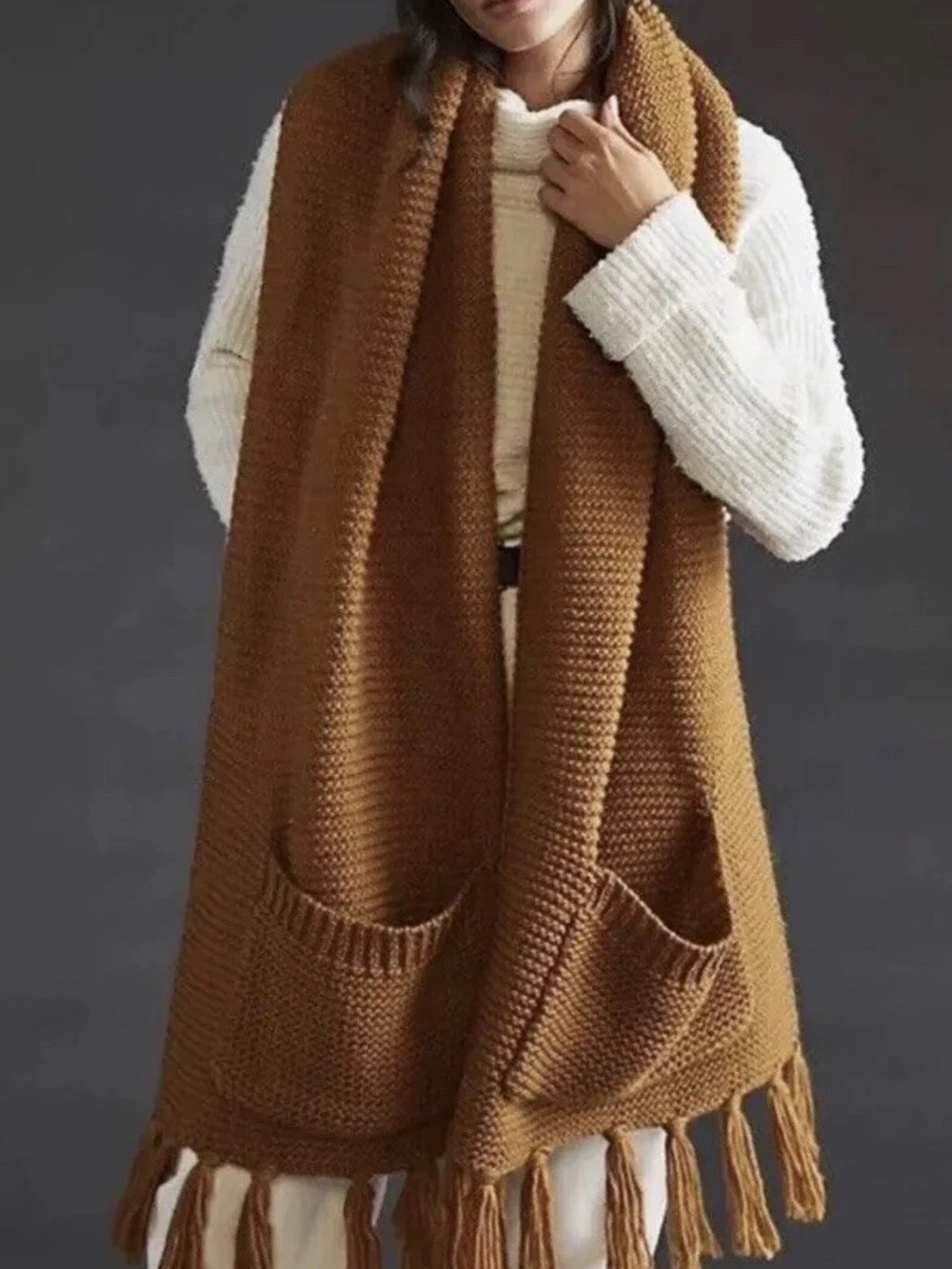 Pilcro Camel Brown Knit Fringe Pocket Scarf Wrap